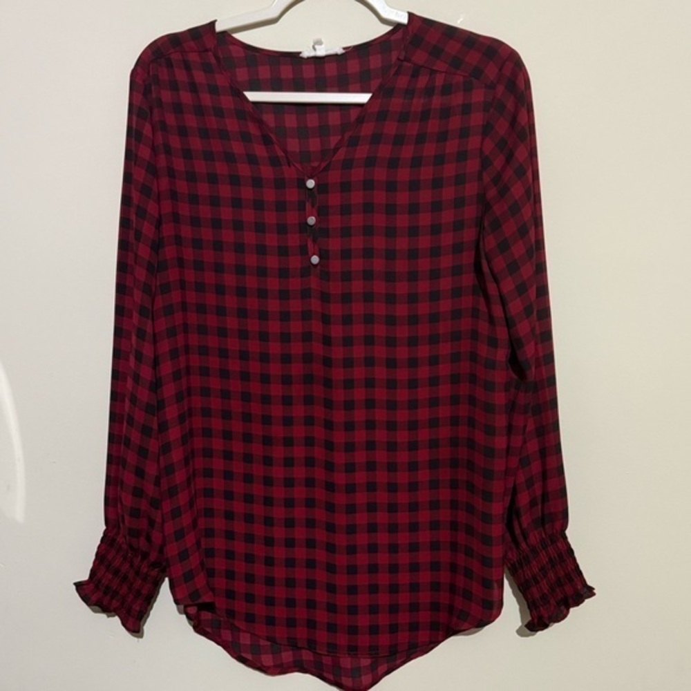 Maurices Red and Black Plaid Shirt with smocked sleeve